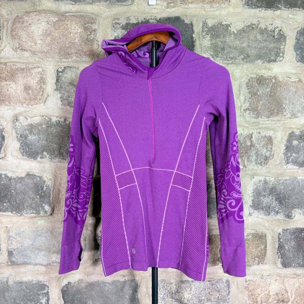 Athleta Purple Floral Jacquard‎ Seamless Quarter Zip Hoodie Thumbholes Yoga
